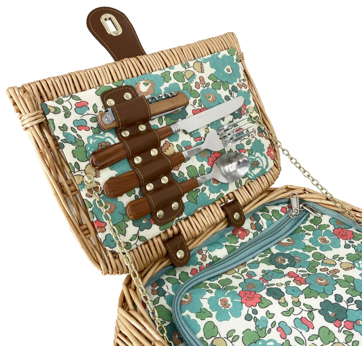 Les Jardins de la Comtesse - Picknickkorb Giverny – 2 Personen – Grün – komplett mit Kühlfach – Geschirr inklusive – Blumenmotiv – 45 x 36 x 23 cm