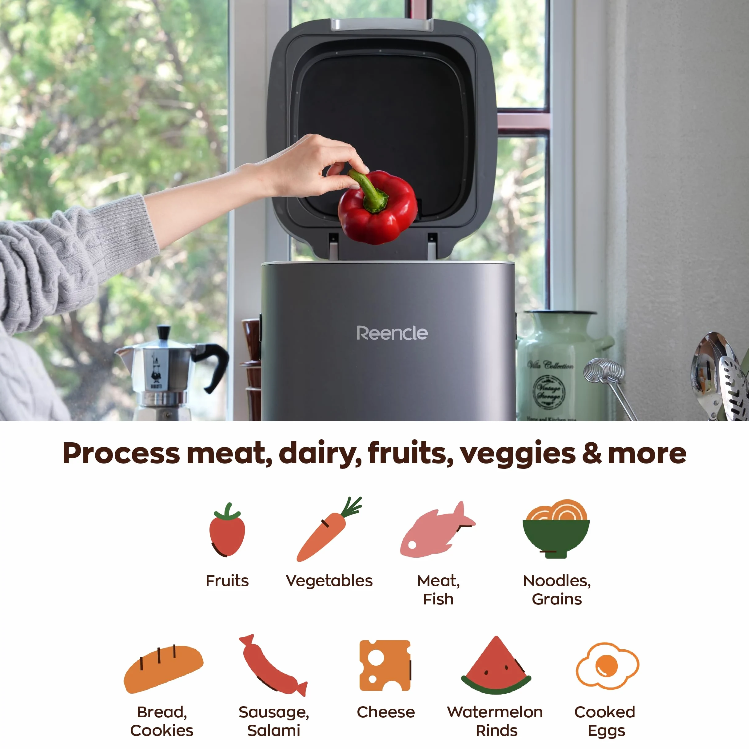 Elektrischer Küchenkomposter Silber – REENCLE Prime - Intelligenter Food-Recycler für Zuhause, geruchslos, 24h Schnellkompostierung, 14L Kapazität, leise & energiesparend, nachhaltige Müllreduzierung