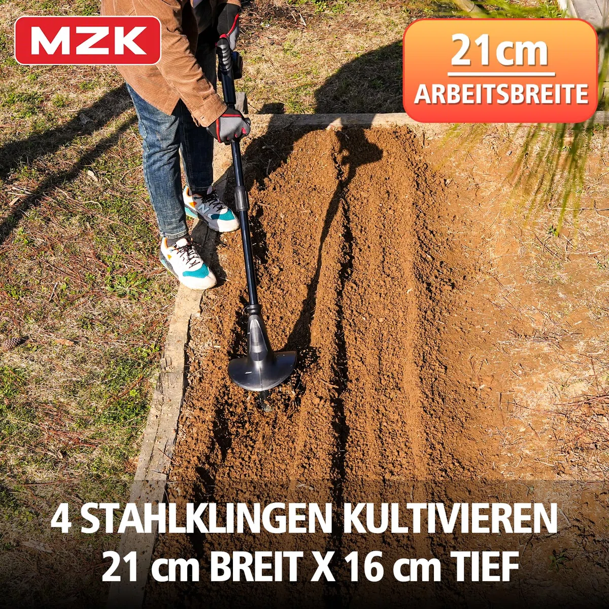 MZK 20V Akku-Motorhacken, 20 cm Arbeitsbreite, 360 U/min, Kabellose Gartenfräse mit 24 Stahlzinken, für Rasen Garten Bodenbearbeitung (2X 2,0Ah Akku & Ladegerät)