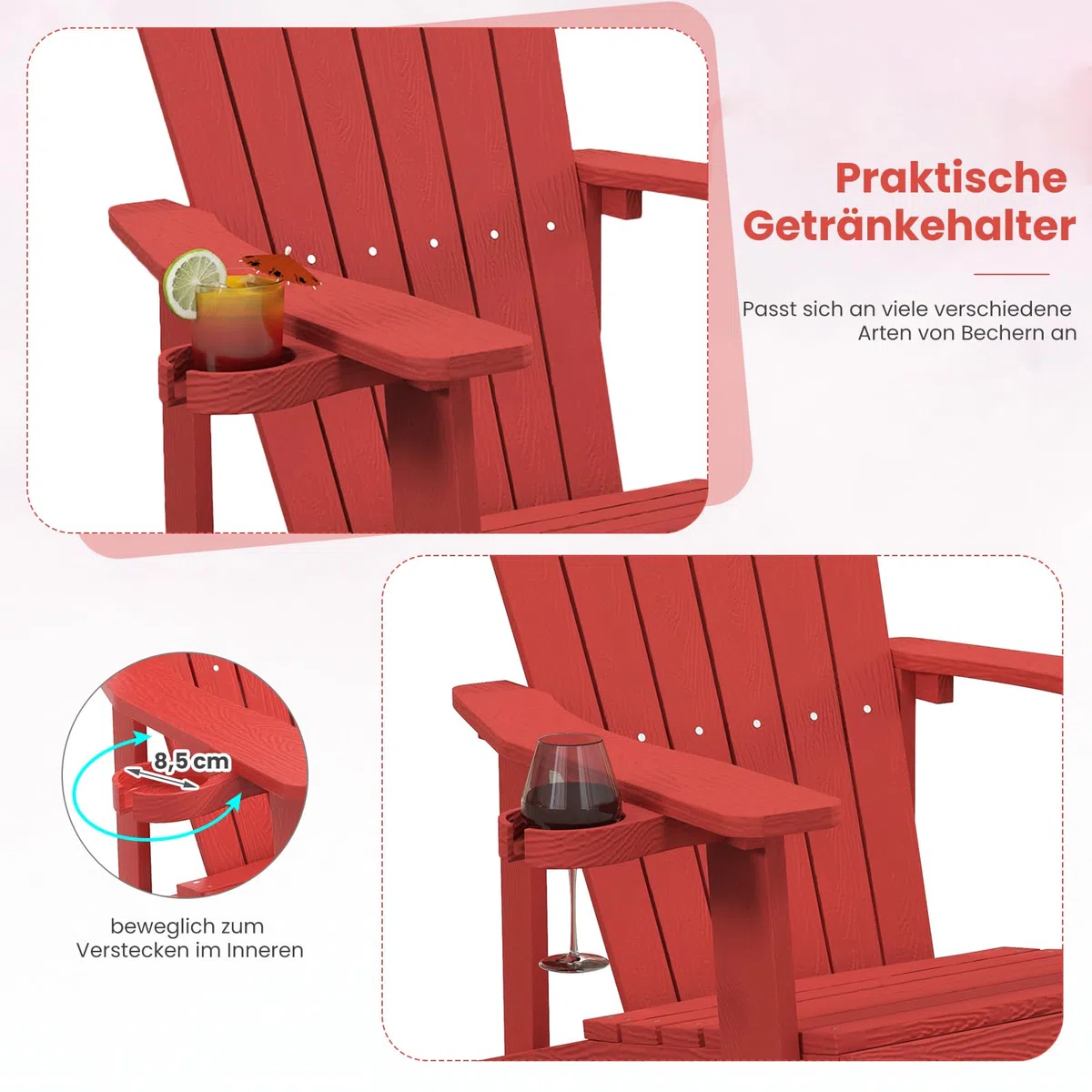 GOPLUS Adirondack Stuhl, Gartenstuhl ergonomisch mit Armlehnen, Hochlehner & Getränkehalter, Outdoor Stuhl wetterfest bis 150kg belastbar für Garten Hof Terrasse Balkon (Rot)