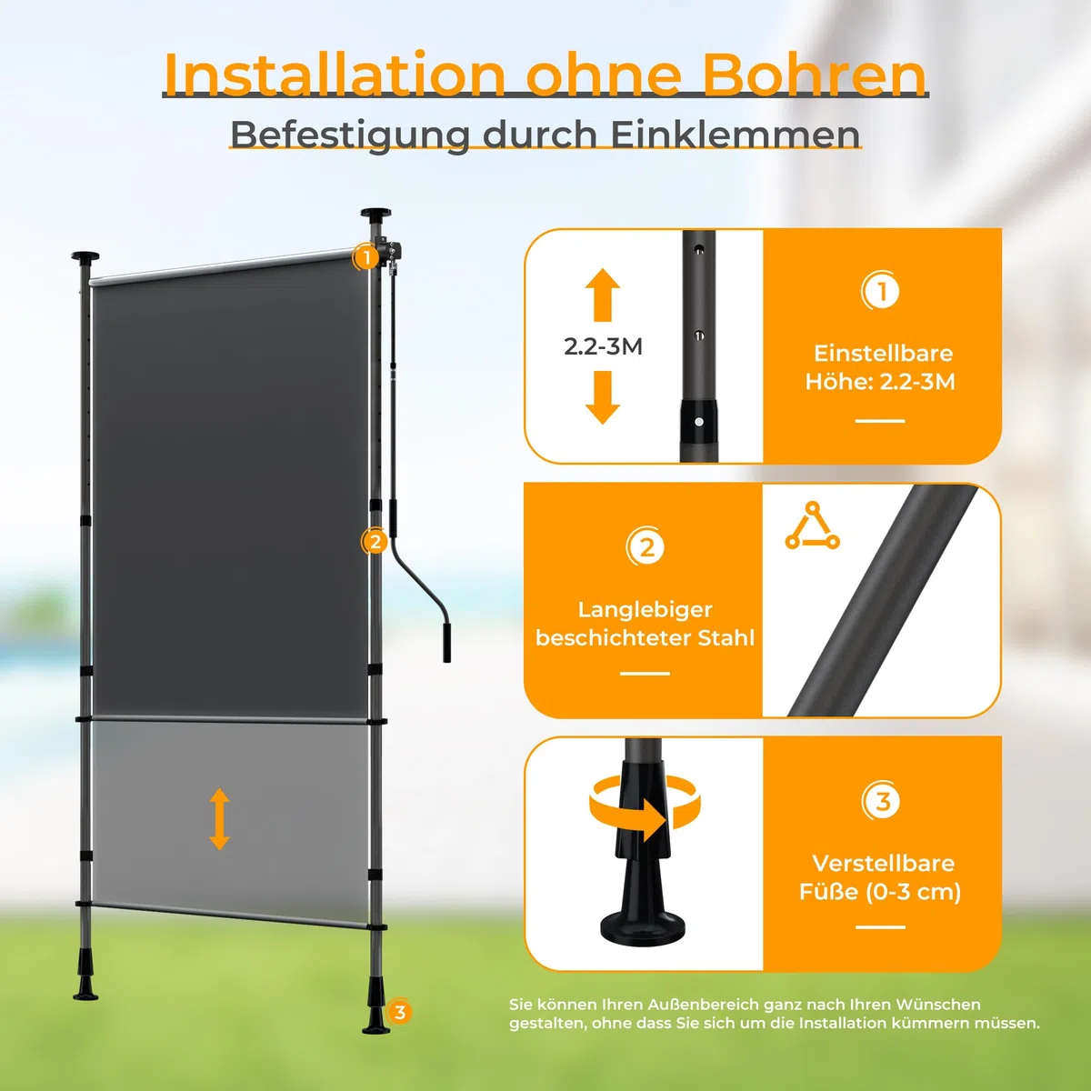 HOMEDEMO Senkrechtmarkise Außen, Vertikalmarkise ohne Bohren, Balkonrollo mit Einstellbare Handkurbel, Sichtschutz Sonnenschutz Windschutz, 120x(220-310) cm, Garten, Stoffbreite 105.5 cm, Anthrazit