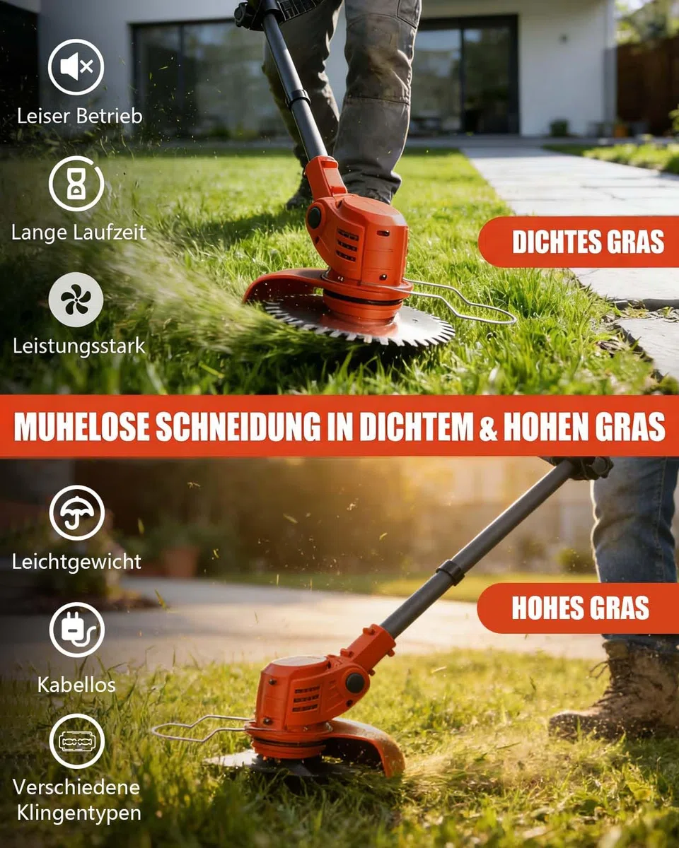 Rasentrimmer mit Akku, 850W Klappbarer Akku Freischneider mit 2X4.0AH Batterien, Akku Rasentrimmer & Rasenkantenschneider mit 4 Messertypen, Elektrischer Motorsense für Garden und Rasen