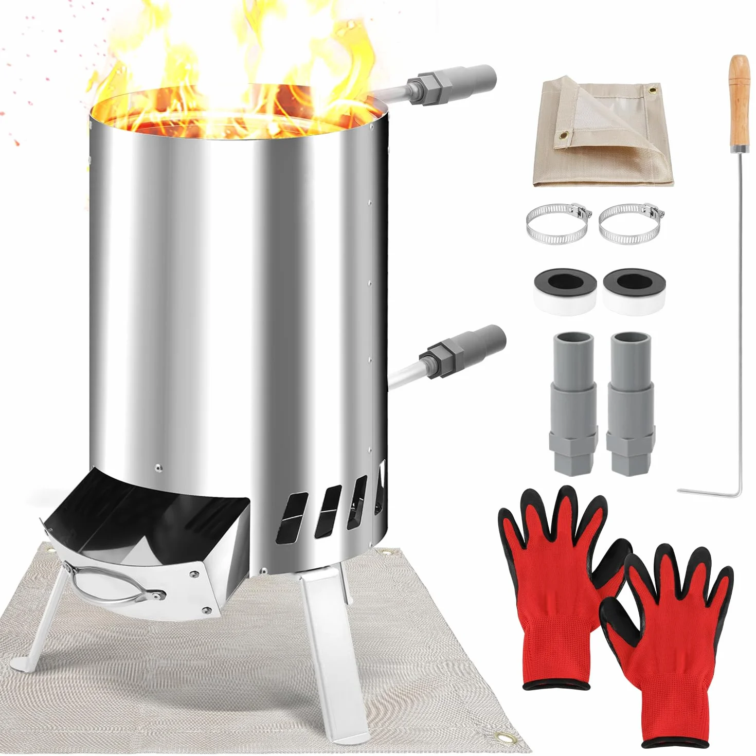 Brennholz Poolheizung, PoolHeizung Feuer,Edelstahl Poolheizung Feuertonne für Schwimmbäder,Poolofen mit 36-38mm Anschlüsse,Pool Heizungen mit Feuerfeste Matte und Tablett,Poolheizung Outdoor