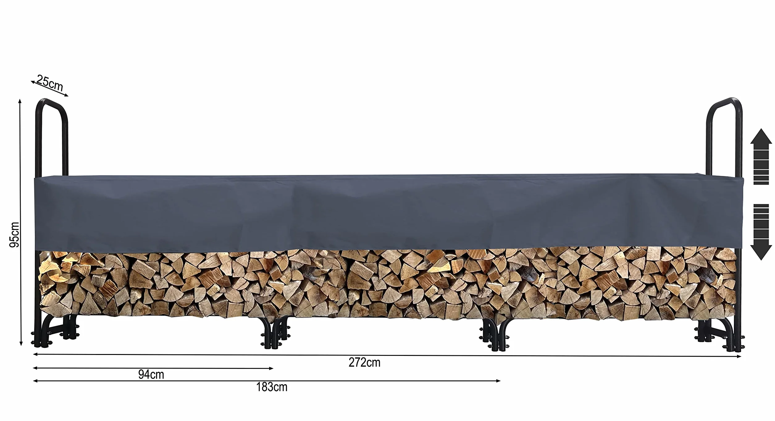 QUICK STAR Metall Kaminholzregal 272 x 25 x 95 cm mit Schutzhülle Garten Kaminholzunterstand 1,0 m³ / 1,5 SRM Stapelhilfe