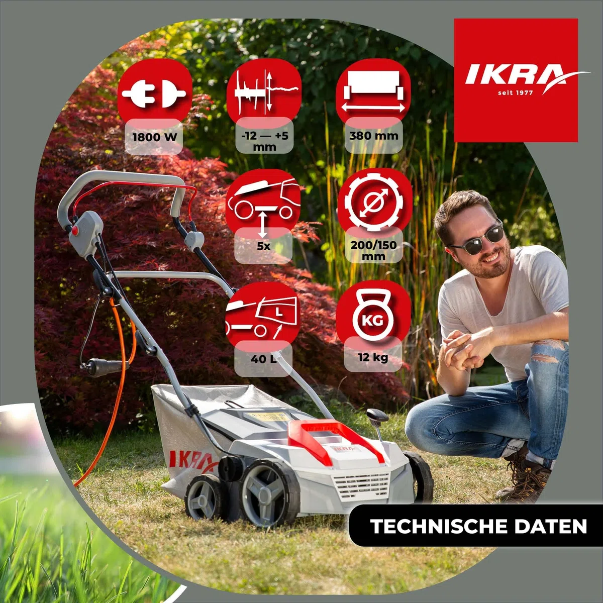 IKRA Elektro Vertikutierer Rasenlüfter IEVL 1838, Arbeitsbreite 38cm, 1800W | Fangkorb 40l, Arbeitstiefe +5 bis –12 mm, werkzeugloser Walzenwechsel, 2in1 Gerät lässt sich auch ohne Fangbehältnis nutzen