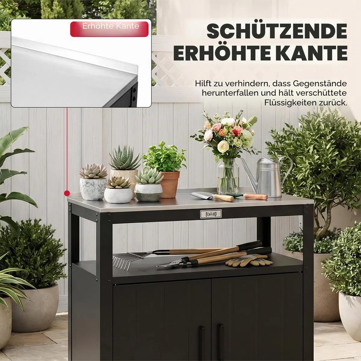 Feasto Gartenpflanzbank für Terrasse mit Aufbewahrungsschrank, Schwarz