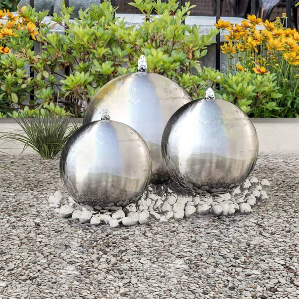 vidaXL 3x Garten Springbrunnen Sphäre mit LEDs Edelstahlkugel Gartenbrunnen Kugelbrunnen Zierbrunnen Brunnenkugel Brunnen Kugel Garten Edelstahl