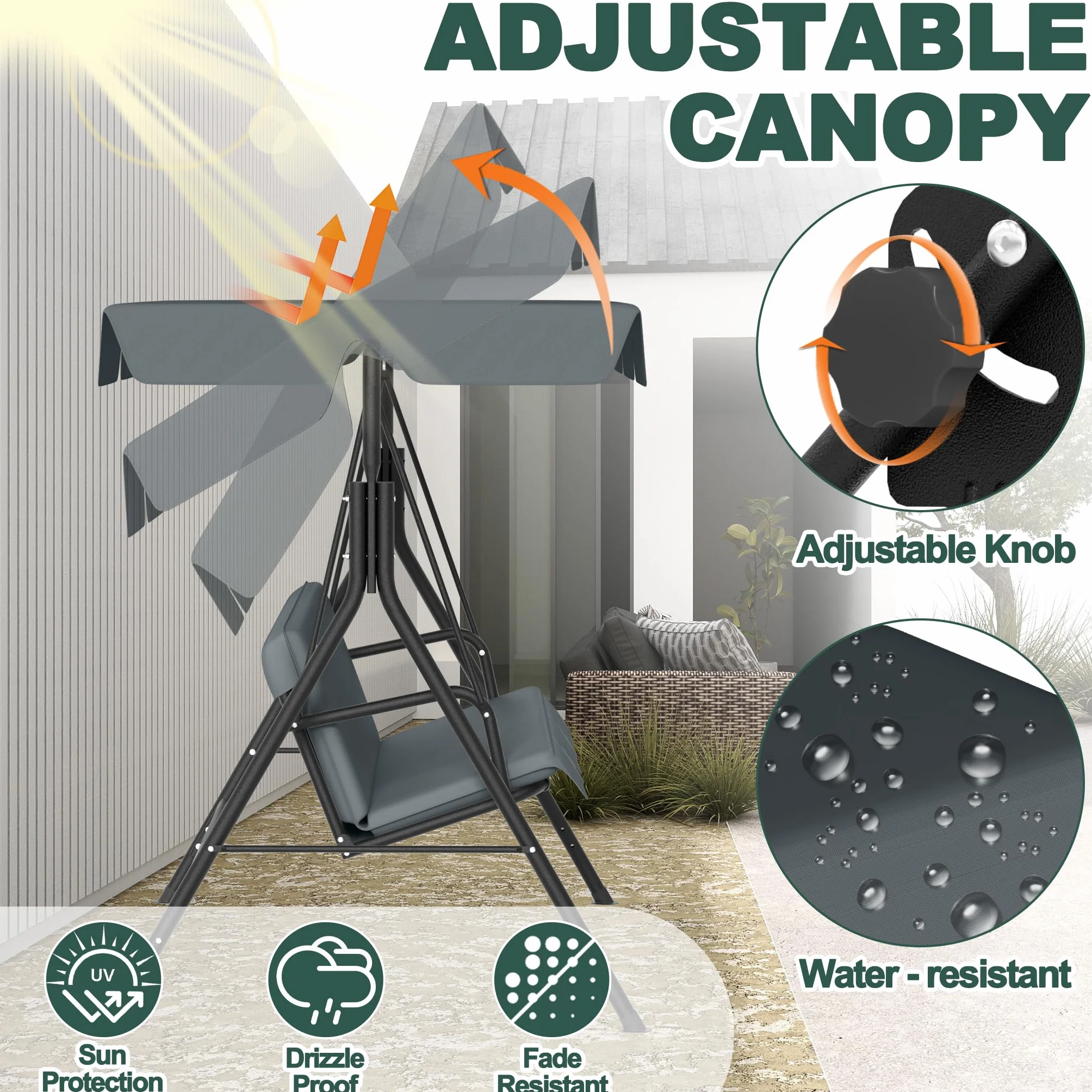 SUBTLETY Hollywoodschaukel 3 Sitzer für Familien, 193x110x152cm Gartenschaukel mit Verstellbarem Sonnendach & Liegefunktion, Pulverbeschichteter Stahlbank für Garten & Terrasse (Anthrazit)