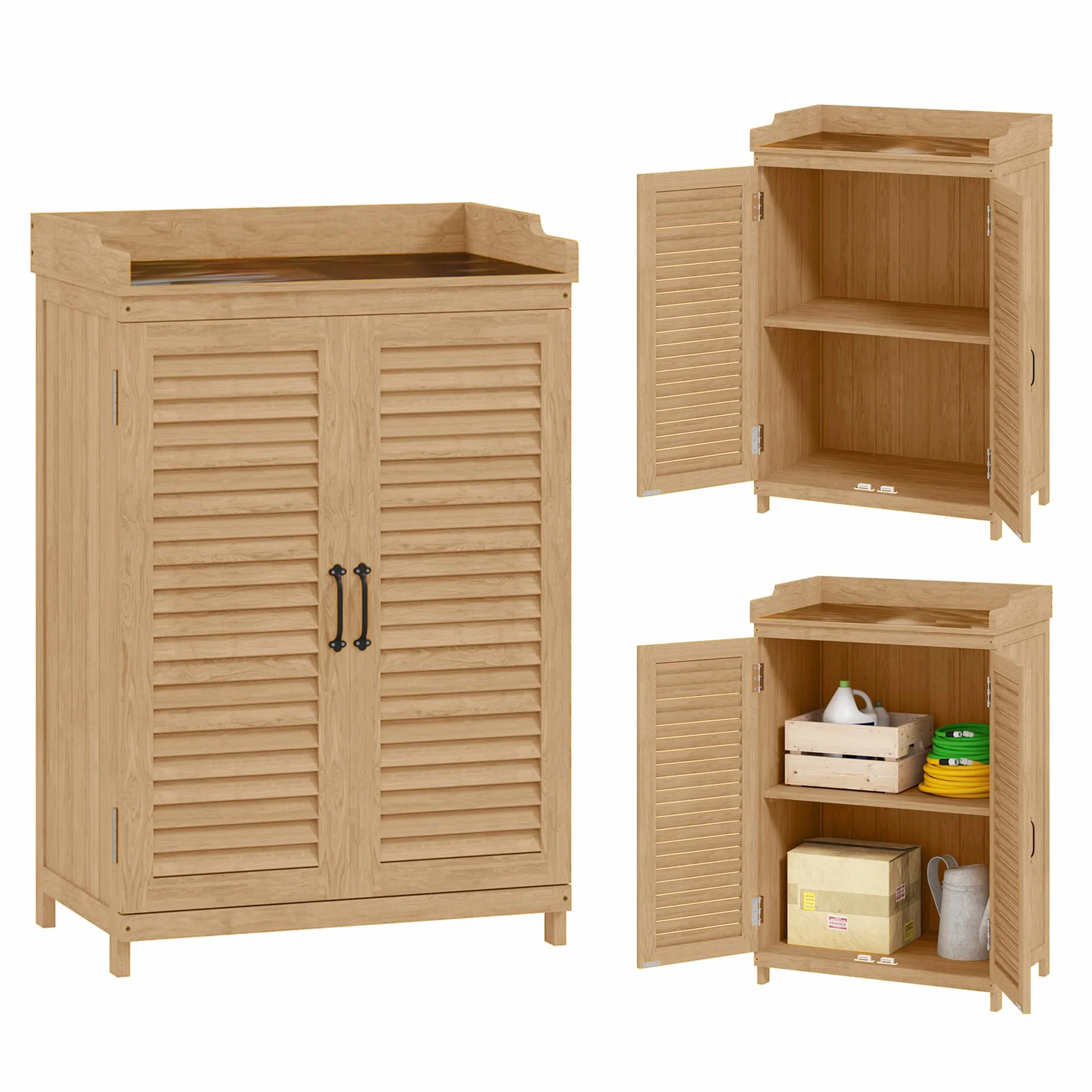 Outsunny Gartenschrank Holz, Geräteschuppen mit Arbeitsfläche, wetterfest Geräteschrank, 65,5x40x98,5cm, Gerätehaus mit Lamellentür, Ablagen, Werkzeugschrank Gartenschuppen für Garten, Terrasse, Gelb