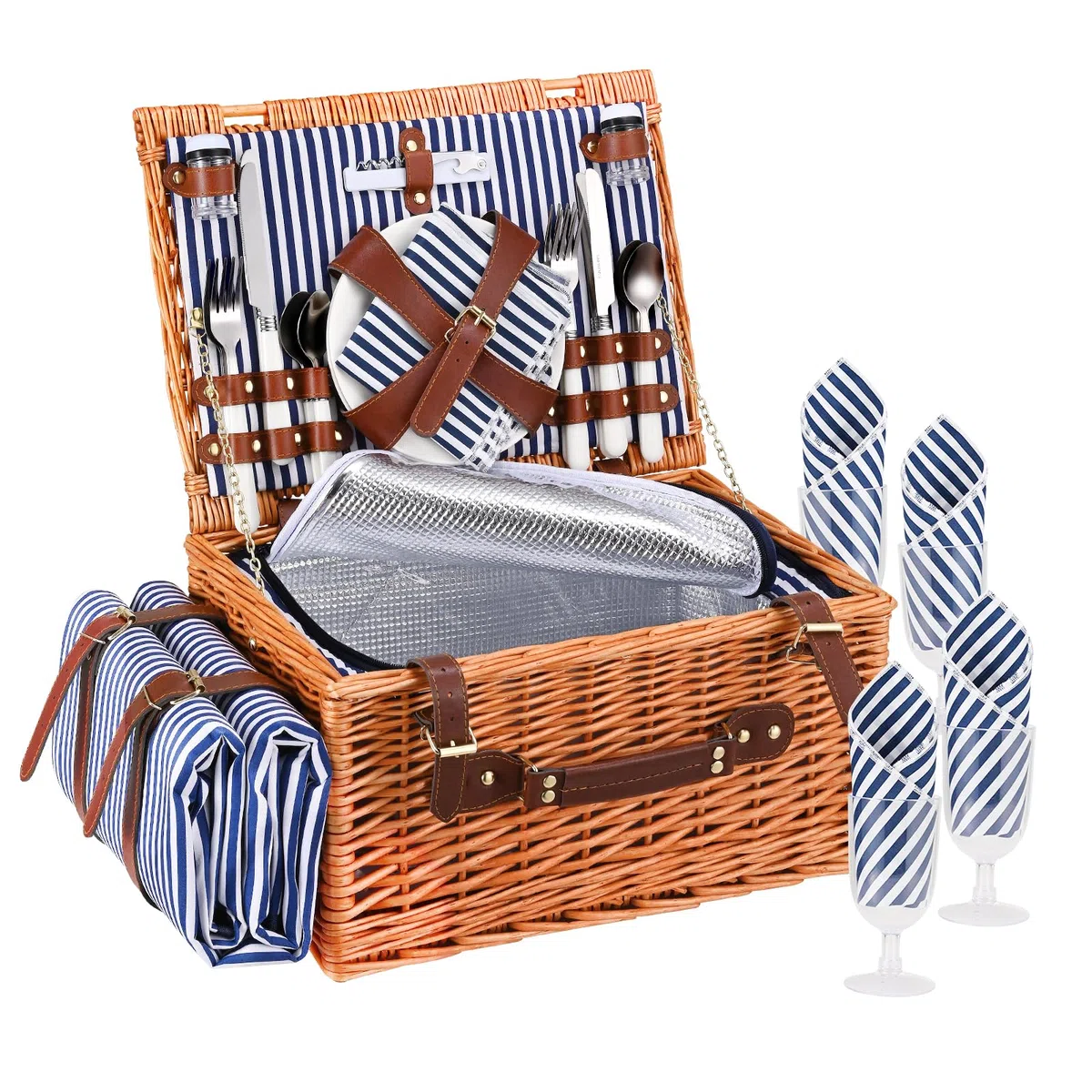 Picknickkorb,Picknickkorb 4 Personen mit Großem Isoliertem Kühlfach und wasserdichte Picknickdecke, Piknik Korb Set mit 4 Sets Besteck, Teller Perfekt für Picknick, Camping, Reisen, Strand(Blau)