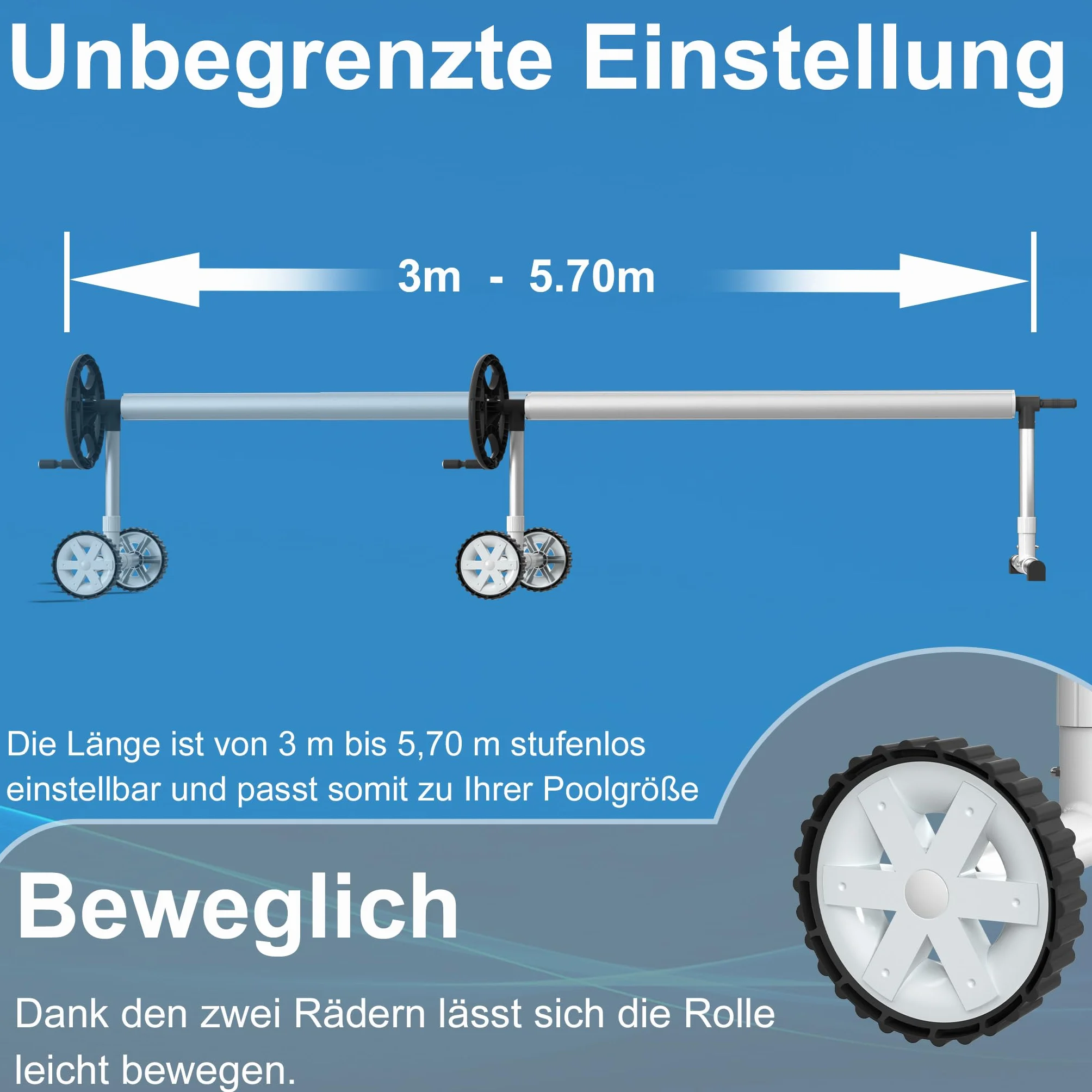 UISEBRT Pool Aufroller Mobiles Poolfolienaufroller 3m - 5,70m für Poolplane, Aufrollvorrichtung mit Befestigungsbändern & Rädern