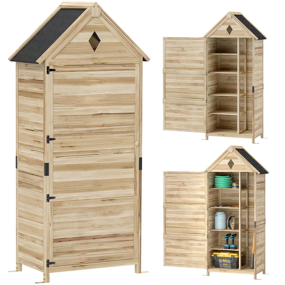 Outsunny Gartenschrank Holz, wasserdicht Geräteschuppen 80 x 49 x 170 cm, wetterfest Gerätehaus mit Tür, Satteldach, Ablagen, Geräteschrank, Werkzeugschrank Gartenschuppen für Garten, Rasen, Naturholz