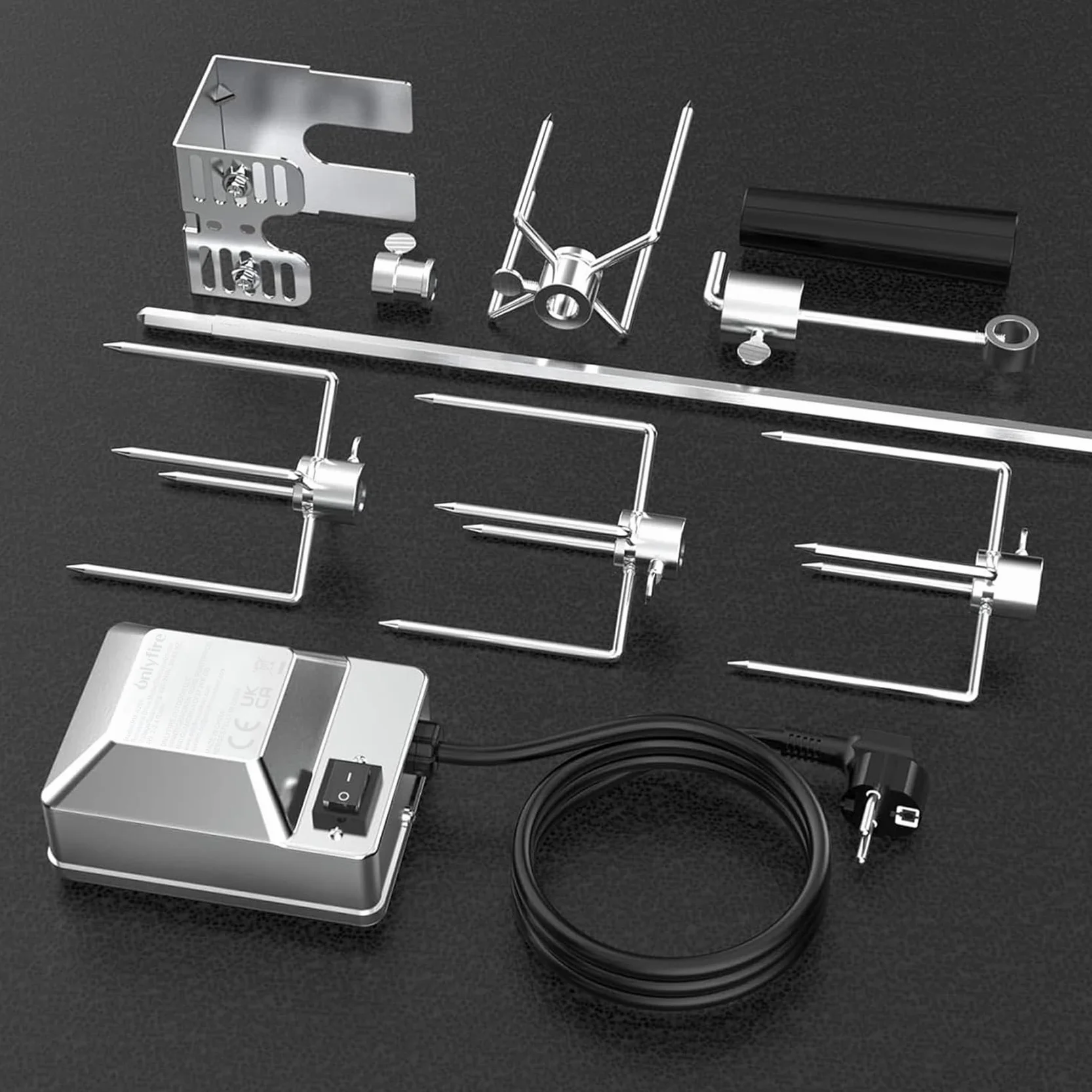 onlyfire BRK-6032 Universal Verchromter Grillspieß Set, 100 cm Rotisserie Drehspieß, 4X Fleischnadeln, Edelstahl Motor, 220V - 240V, Drehspiess