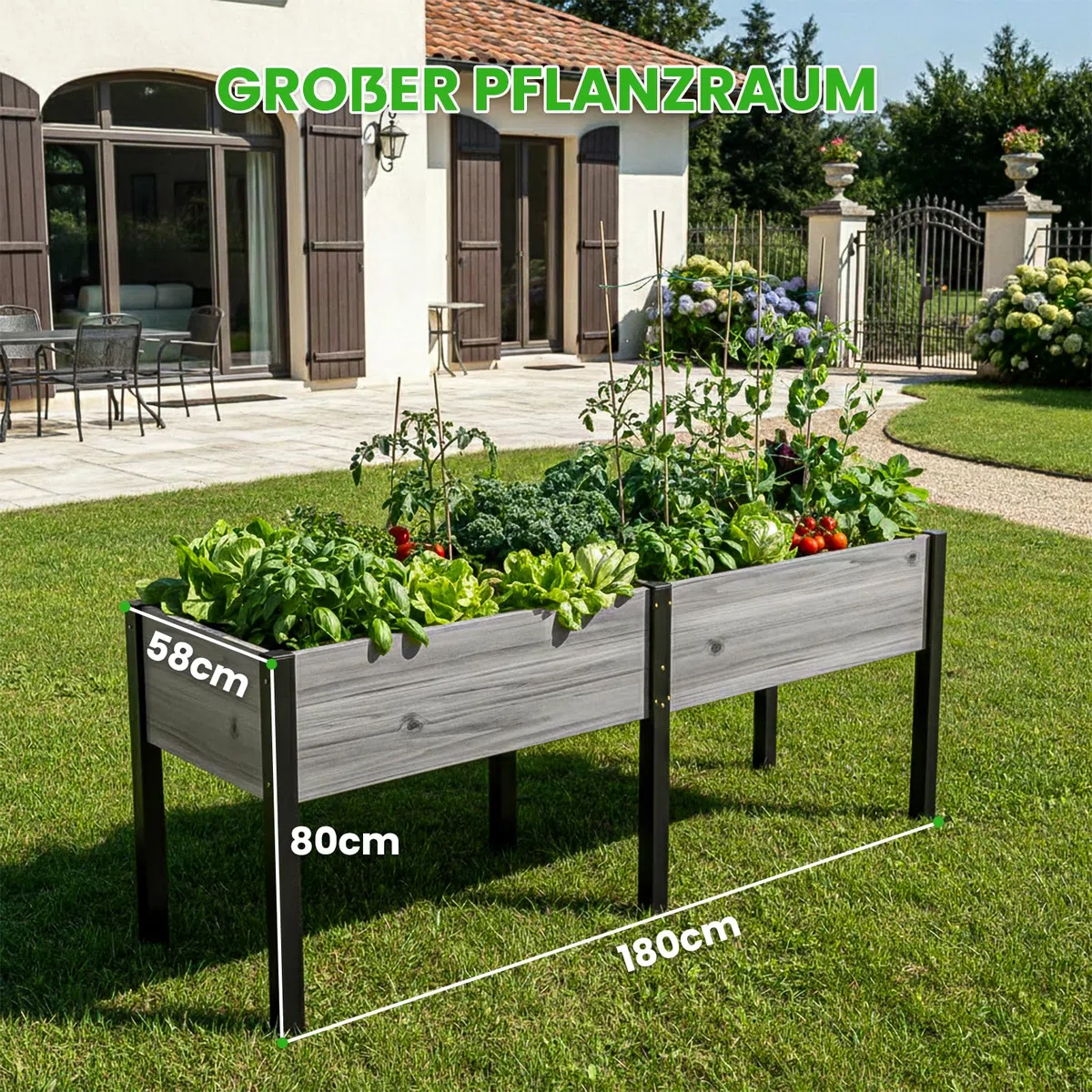 Hochbeet aus Holz - 180x60x80cm Großes Erhöhtes - Modern & Extrem Stabil Pflanzkasten & Blumenkasten - Pflanzbeet Kräuterbeet Blumenbeet für Garten Balkon Terrasse