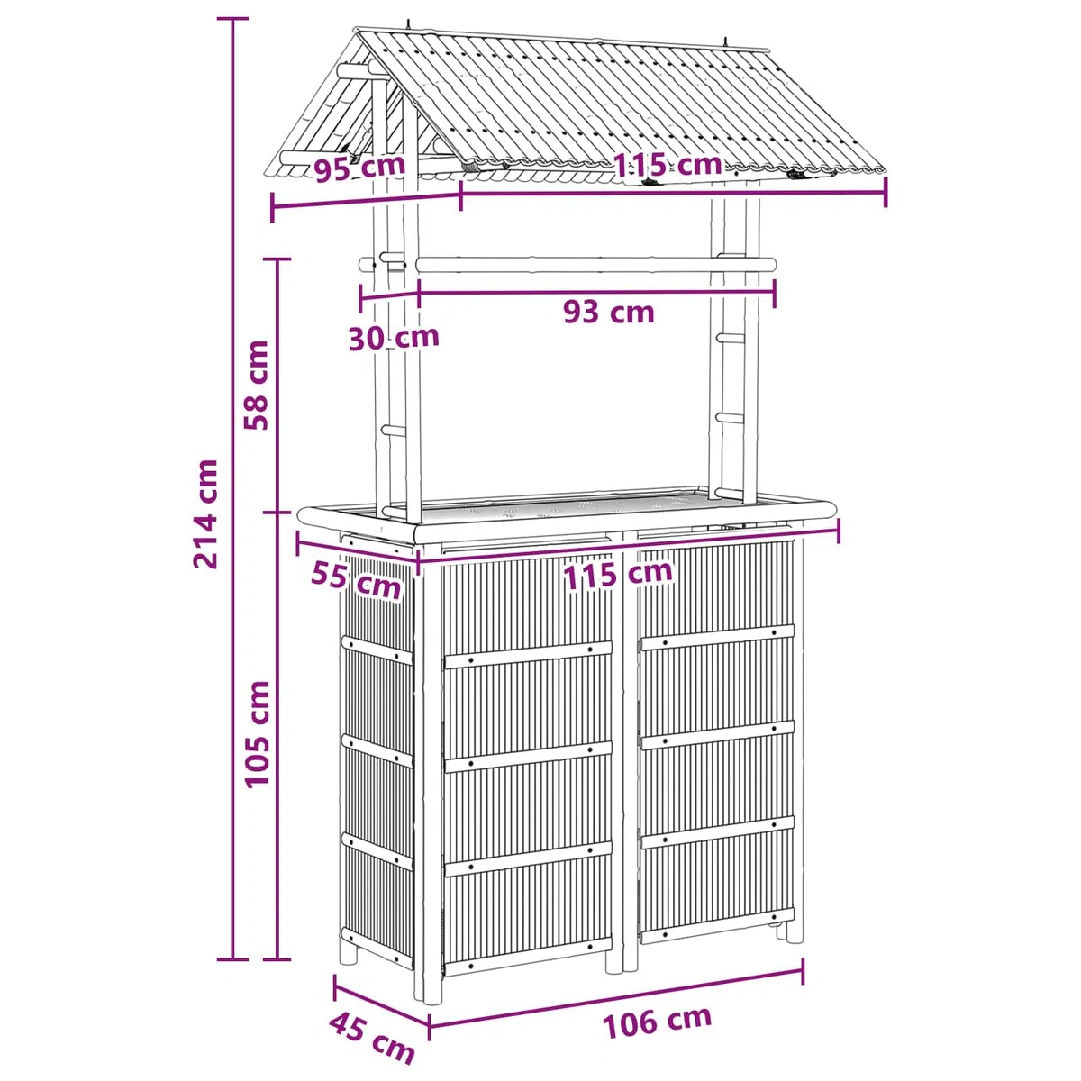vidaXL Outdoor Bartisch Natur 115 x 95 x 214 cm Bambus, Stylischer Bar-Tisch, robust für Sommerpartys, Gartenfest, umweltfreundliches Design, minimalistisch und chic