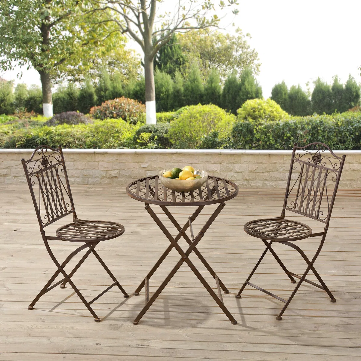 [en.casa] Bistroset Biella Balkonset 3-TLG. Bistrotisch mit 2 Stühlen Essgruppe Sitzgruppe Metall Gartenmöbel Set Balkonmöbel Gartenset klappbar Gartengarnitur Edelrost-Braun