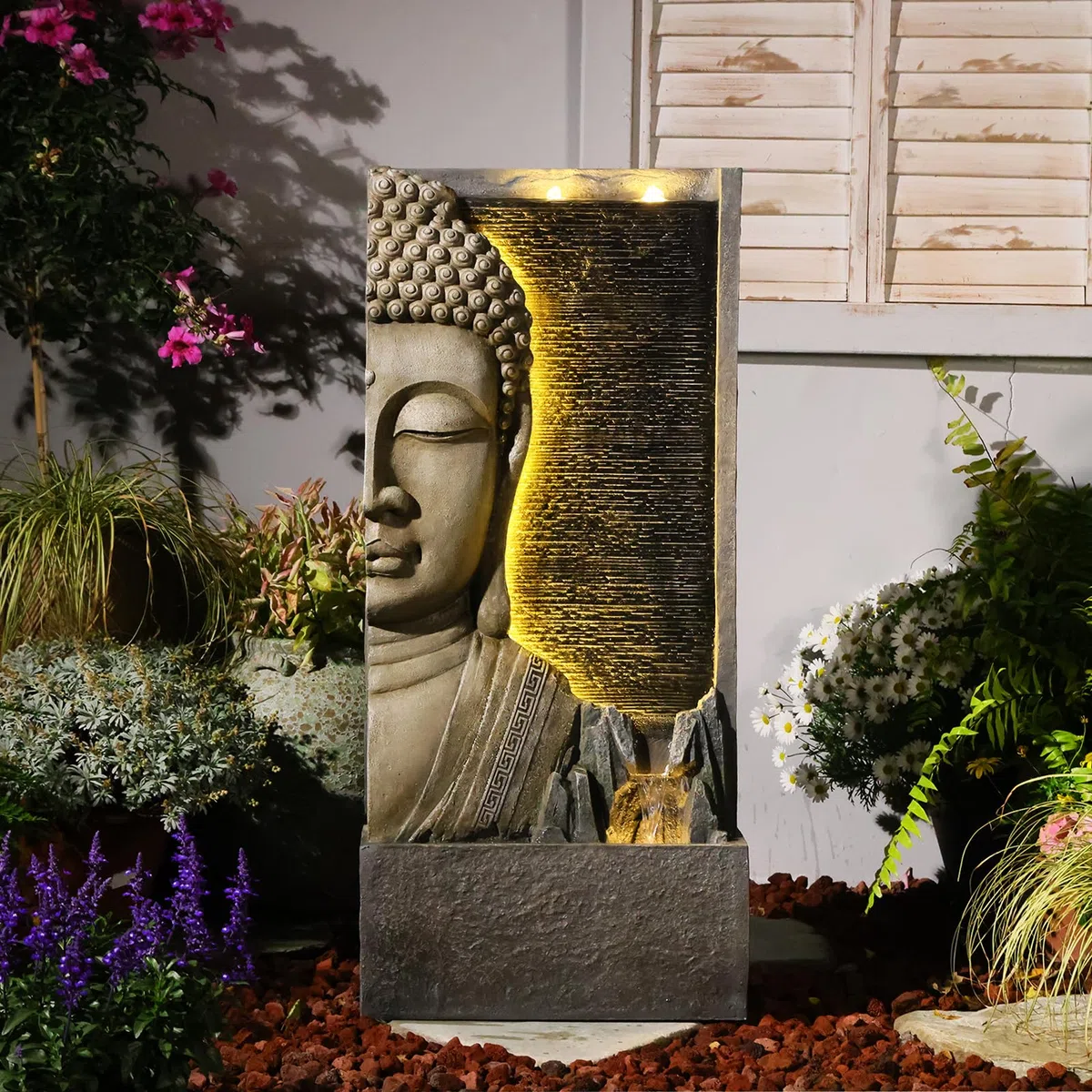 Sunlinua 117cmH Zen-Buddha Gartenbrunnen mit LED, Wasserfall mit Doppel-Bubblern und Bachlauf, Harz-Statue für Terrasse, Garten, Veranda, Meditations-Dekor, Grau