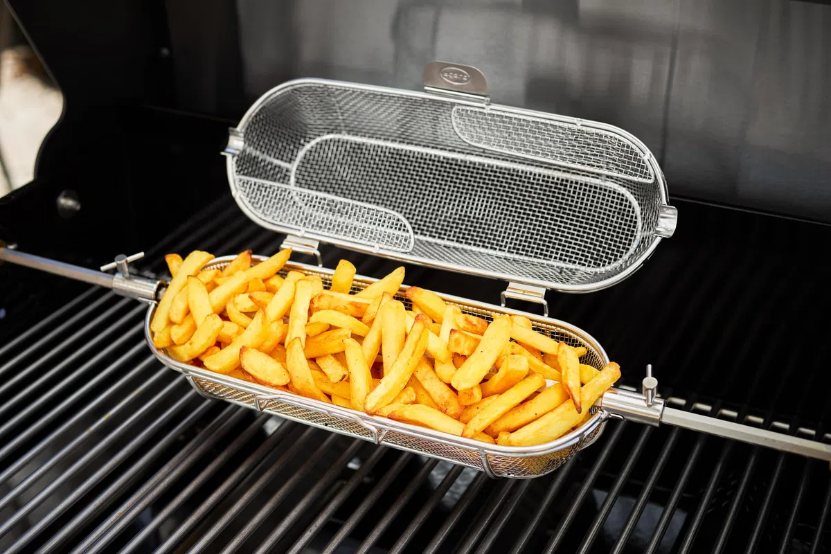 RÖSLE Premium-Drehspieß für BBQ-Stationen VIDERO G2/G3, MAGNUM G3 | Hochwertige Rotisserie, Traglast 10 kg, auch für Kugelgrill No.1 F60 mit Gourmetring geeignet, Edelstahl, silbern/schwarz