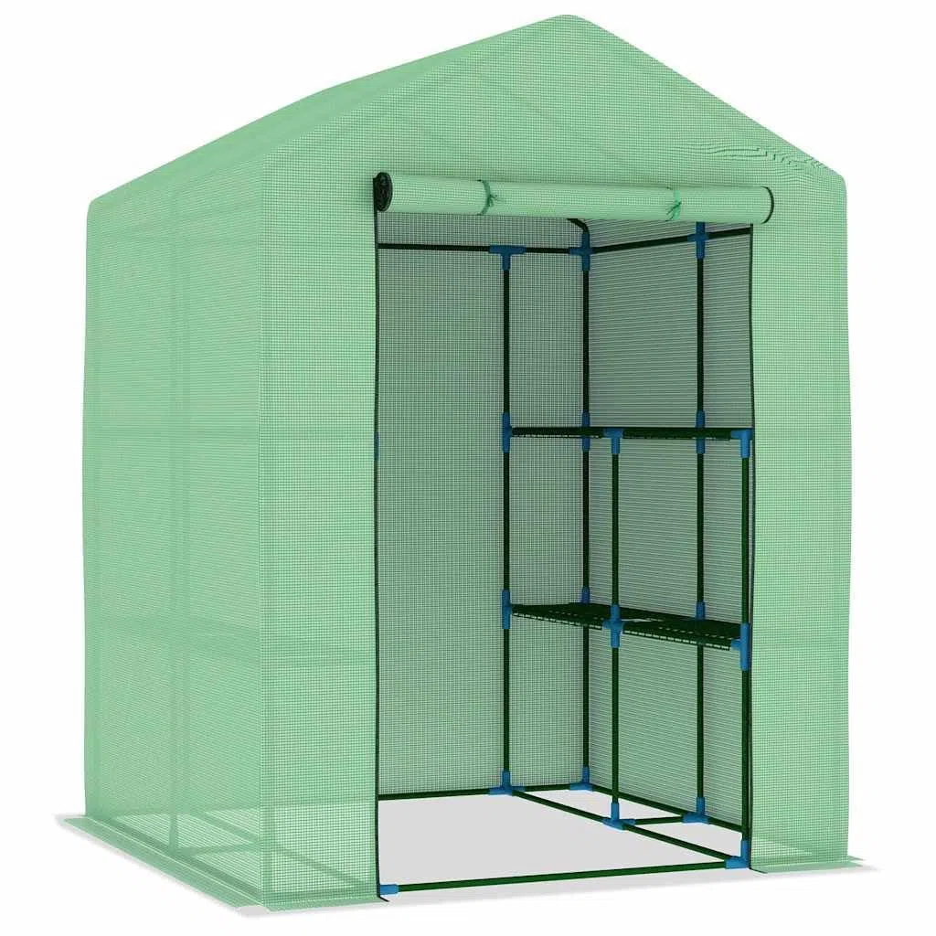 Gewächshaus mit Ablagen Stahl 143x143x195 cm für Hobby-Gartenbau, Pflanzenpflege, Gemüse, Kräuter, Blumen, Überwinterung, Balkon, Terrasse, mit Tür, Regalböden, robustem Stahlrahmen