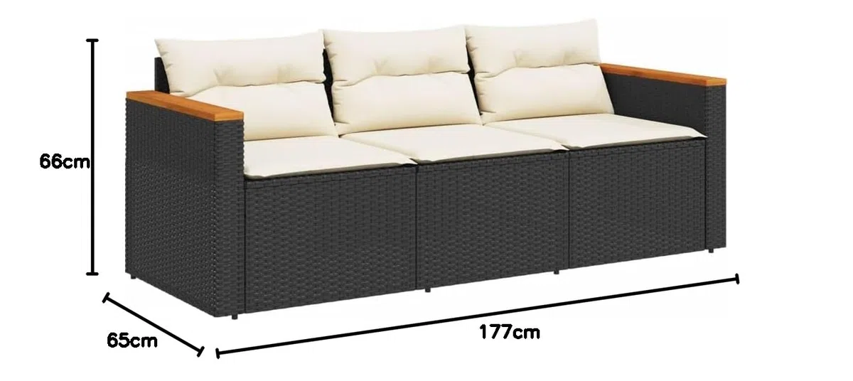 Refined Gartensofa 3-Sitzer, Loungesofa Sofa mit mit Kissen, Sitzgruppe Stahlrahmen, Gartenmöbel Lounge Rattanmöbel (Schwarz)