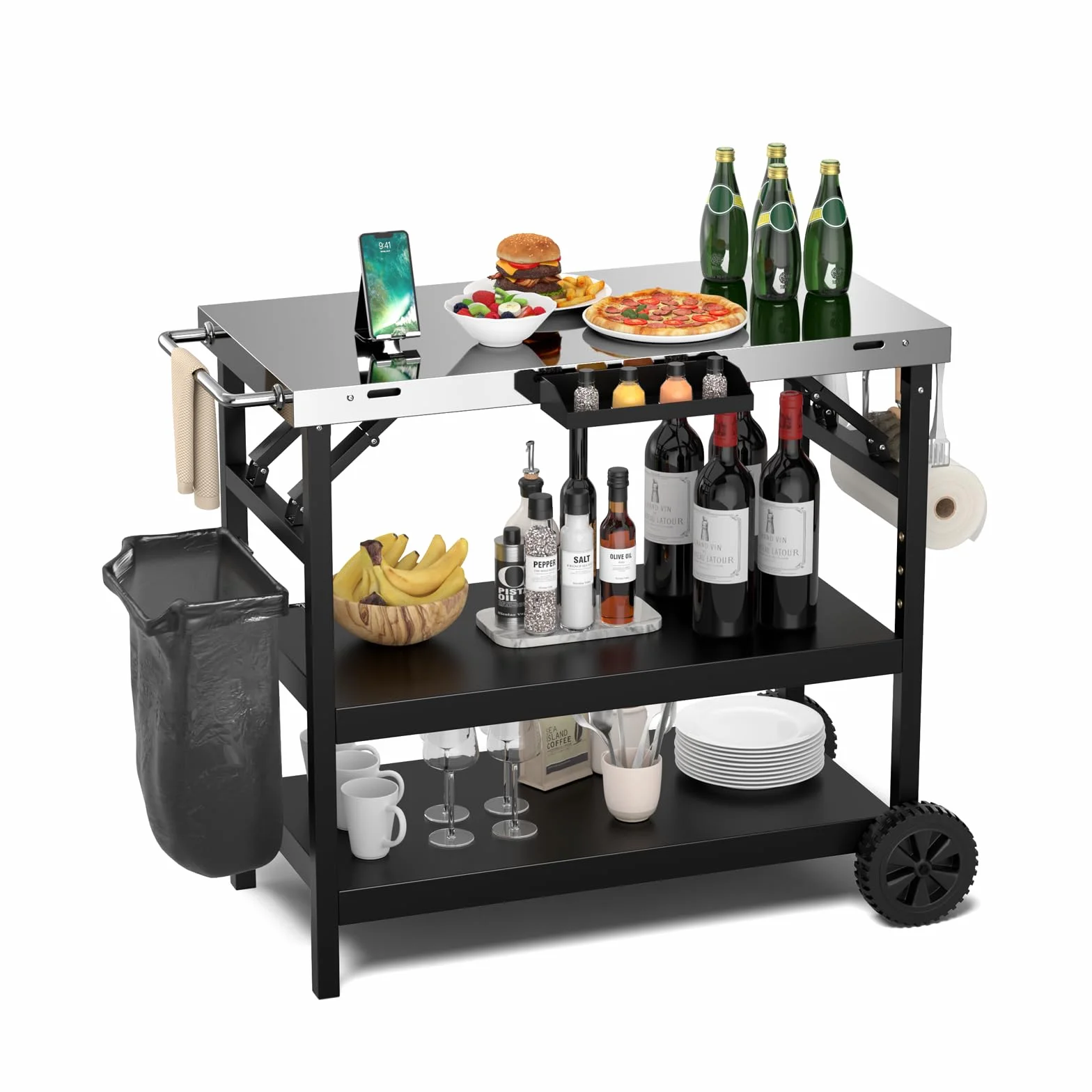 KOMFOTTEU Grillwagen klappbar, Grilltisch mit Edelstahl Arbeitsplatte, Outdoor Rollwagen mit 2 Rollen, Servierwagen Grill Trolley mit Verstellbarer Ablage, Handyhalterung & Handtuchhalter, Schwarz