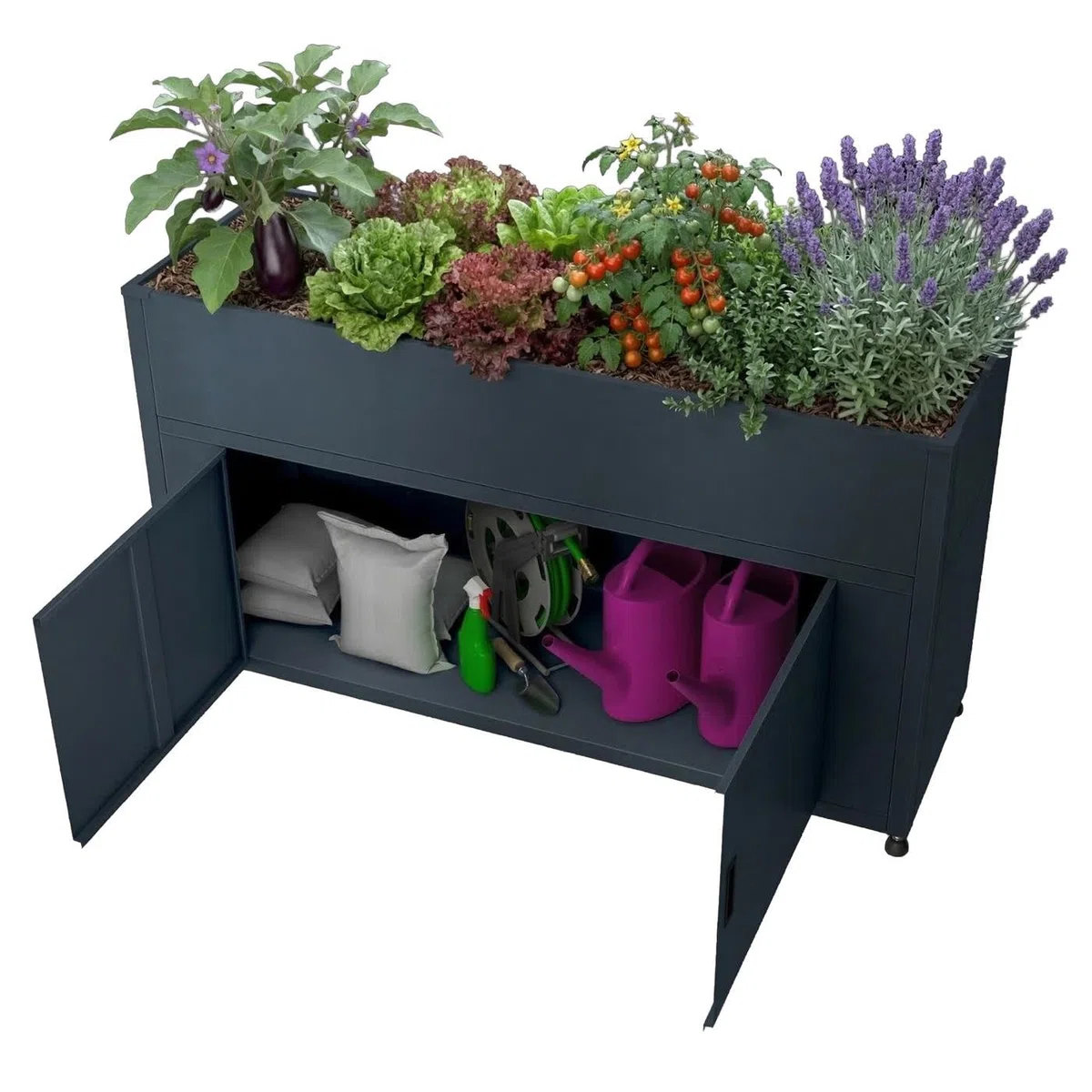Metzler Hochbeet für den Garten mit Stauraum – Pulverbeschichteter Stahl in Anthrazit RAL 7016 | Witterungsbeständiges Metall-Gartenbeet, Pflanzenbeet, Blumenhochbeet | 160 x 85 x 50 cm