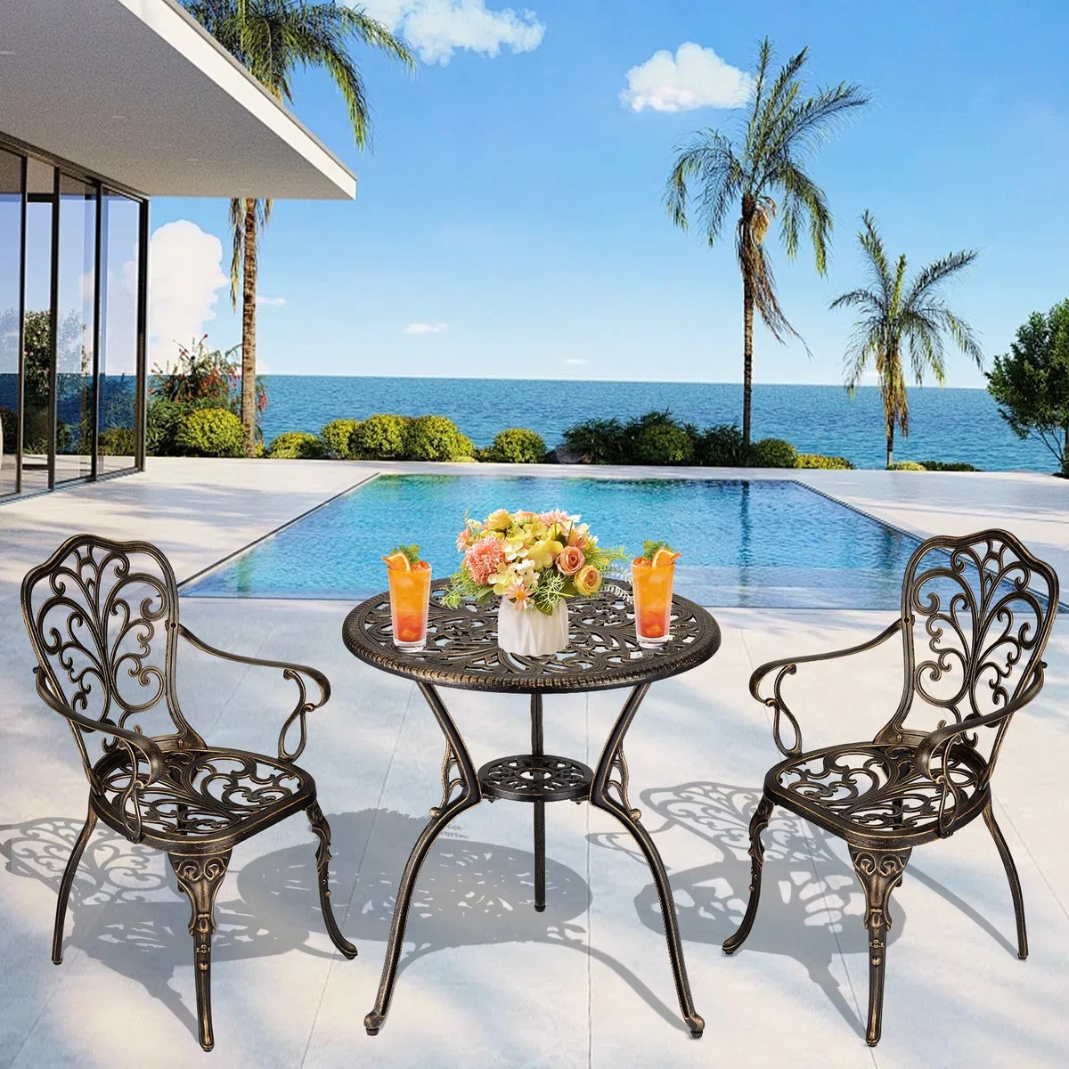 3-teiliges Bistro-Set aus Aluminium-Druckguss – Tisch mit Sonnenschirm-Portal – 2 Stühle wetterfest – ideal für Garten, Terrasse, Balkon, Pool – Farbe Bronze