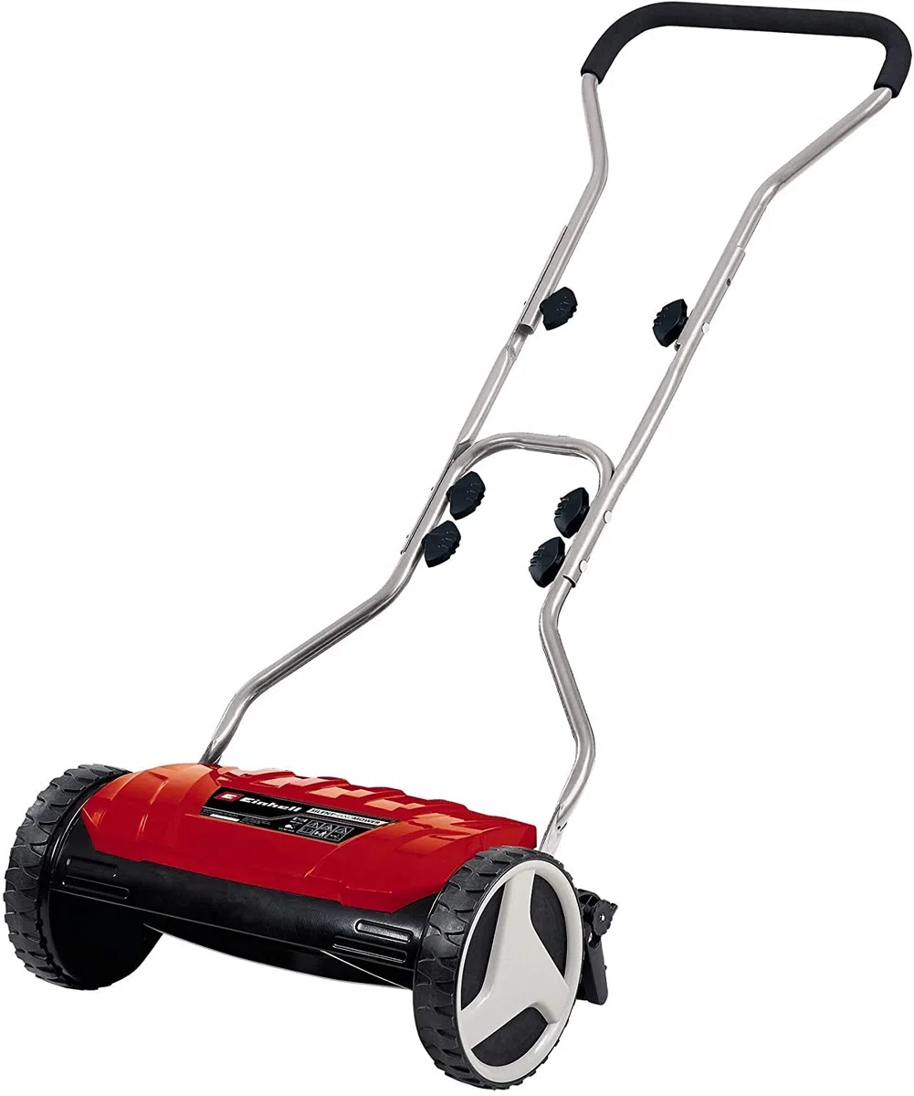 Einhell Hand-Rasenmäher GE-HM 38 S (38 cm Schnittbreite, 4-stufige Schnitthöhenverstellung, ohne Antrieb, für bis zu 250 m², 5 Schneidemesser aus hochwertigem Stahl), Schwarz/Rot