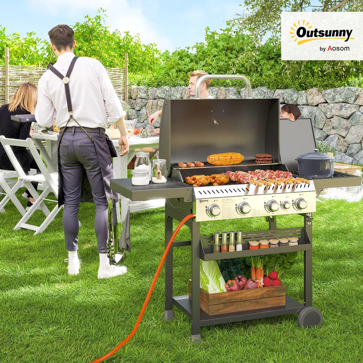 Outsunny Gasgrill 12 KW 4+1 Brenner BBQ Grillwagen aus Edelstahl mit Seitenbrenner, Thermometer, Grillrost, Kochfeld, Flaschenöffner und Seitenablagen Gasgrill für Camping Balkon 135 x 55 x 103cm