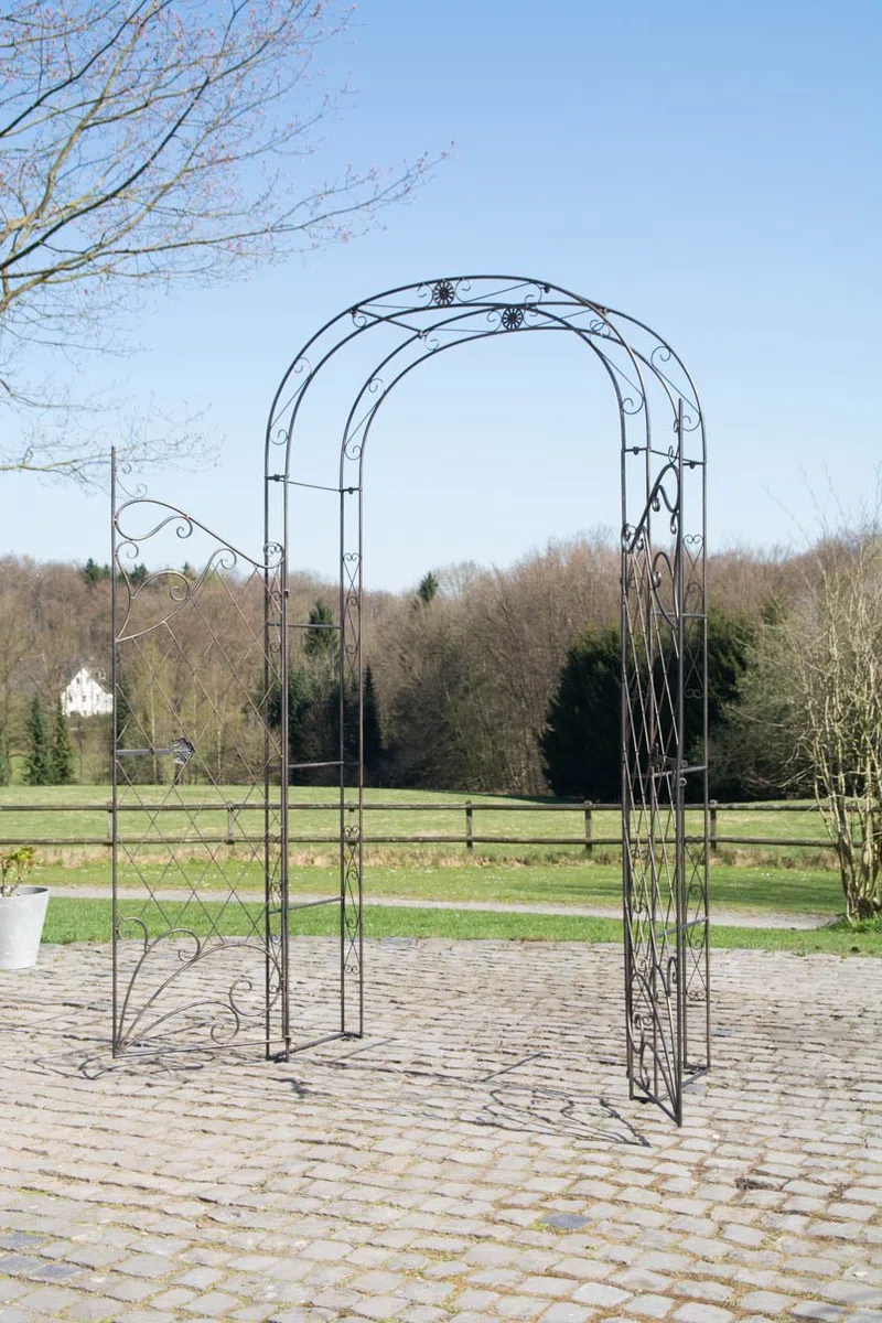 CLP Eisen Rosenbogen Melissa Mit Tor/Tür I Rankbogen Im Landhaus-Stil I Doppeltor Höhe 150 cm I Maße gesamt: B 120 cm, H 220 cm, T 40 cm, Farbe:Bronze