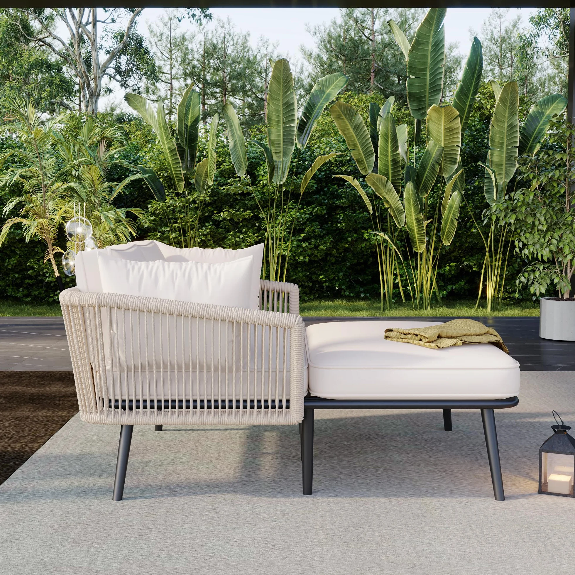 Merax Sonnenliege, Outdoor Gartenliege mit 2 Kissen und 2 Polster, Liegestuhl Garten mit abnehmbar und waschbar Kissen für Balkon Terrasse, Gartenlounge Set, Beige