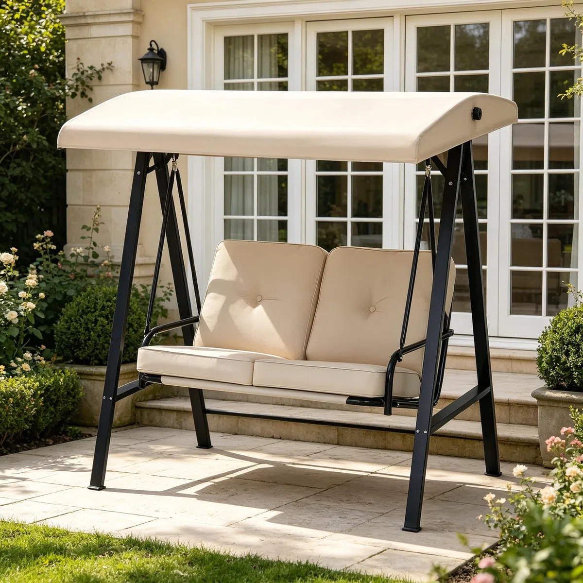 YODOLLA 2-Sitzer Hollywoodschaukel mit Sonnendach, Gartenschaukel Gartenliege mit abnehmbarem Kissen, Verandaschaukel geeignet für Hinterhof, Garten, Hof, Poolside (Beige)