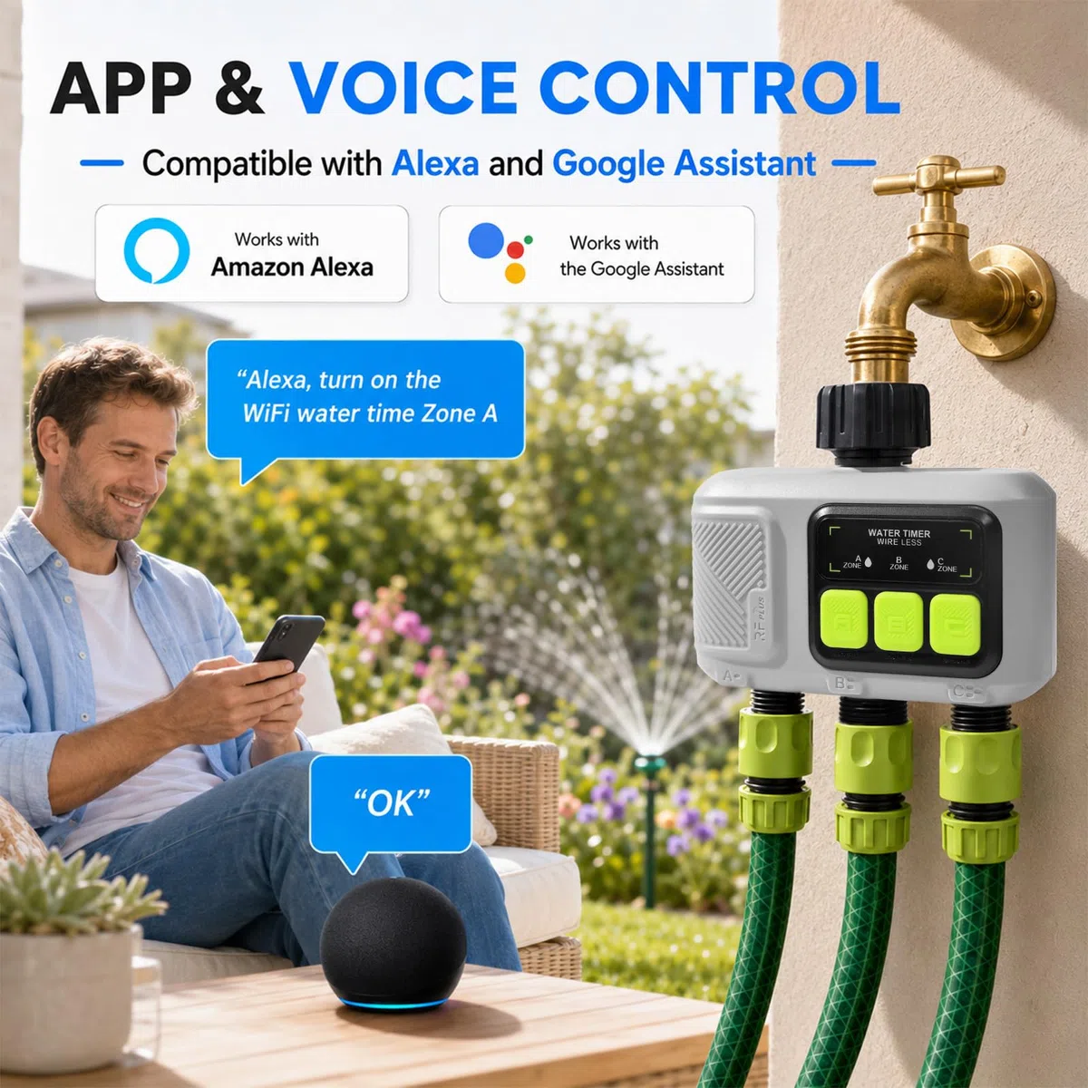 Bewässerungscomputer WLAN 3 Ausgänge mit 300m RF433 Technologie, Smart Zeitschaltuhr Bewässerung mit APP, Alexa & Google Sprachsteuerung, 21 Bewässerungsplänen, Garten Automatische Bewässerungsuhr